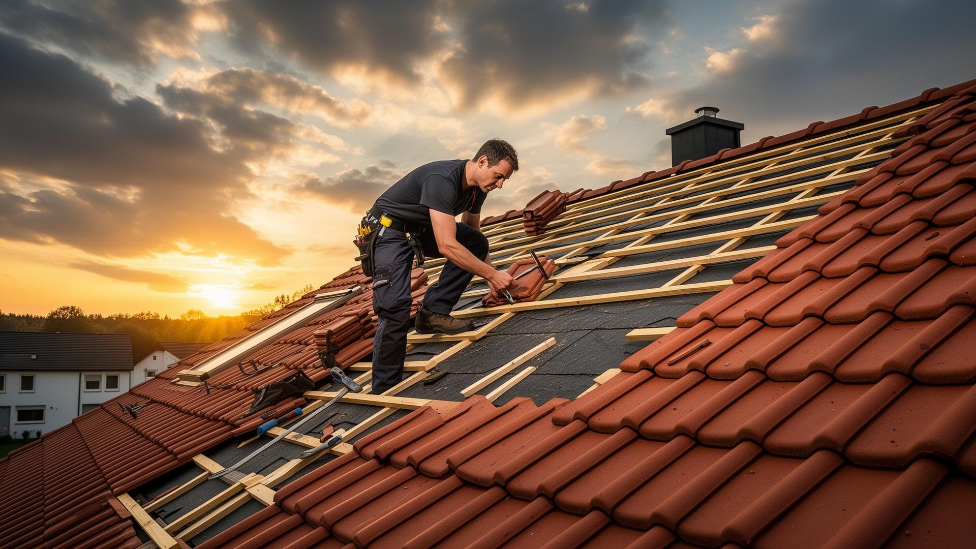Dachdecker-Meister bei der Arbeit auf einem Steildach in Mettmann